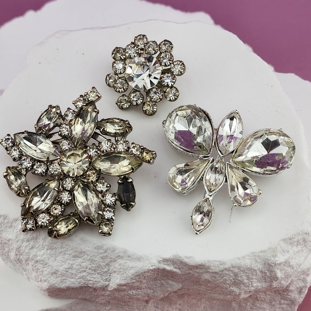 Clear Rhinestone Brooch Lot 3 Silver Tone Floral Butterfly Statement Pin Set